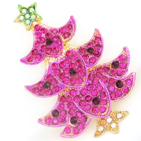 NWT Betsy Johnson Hot Rose and crystal Christmas Tree Brooch. - Picture 5 of 7